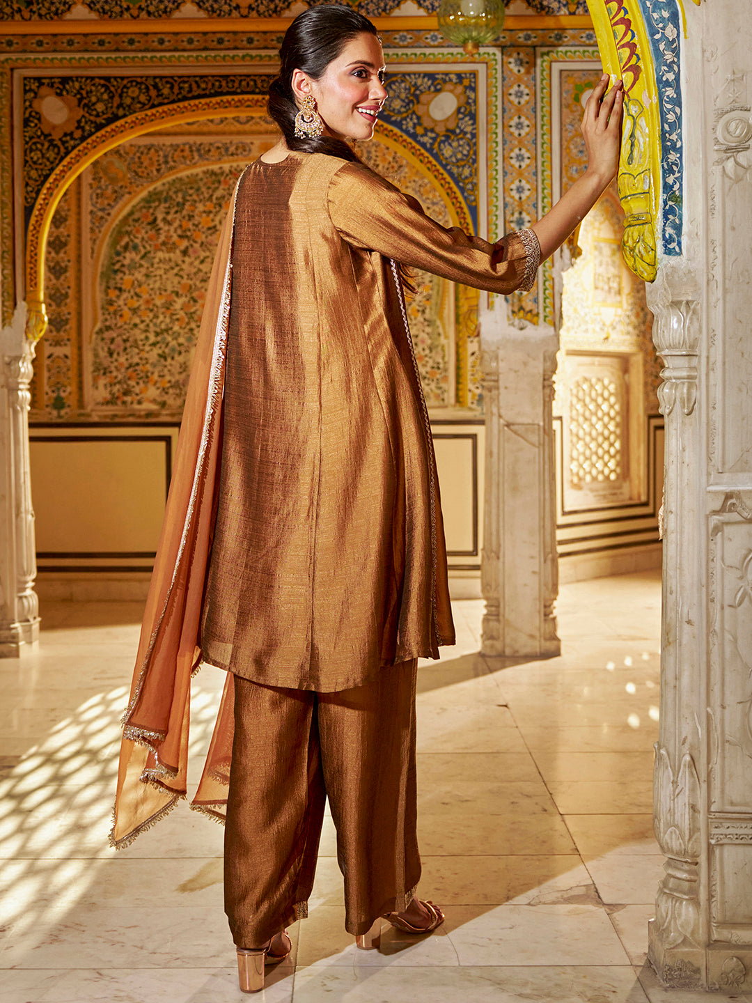 Janasya Women's Bronze Silk Blend Sequins Zari Embroidered A-Line Kurta Set