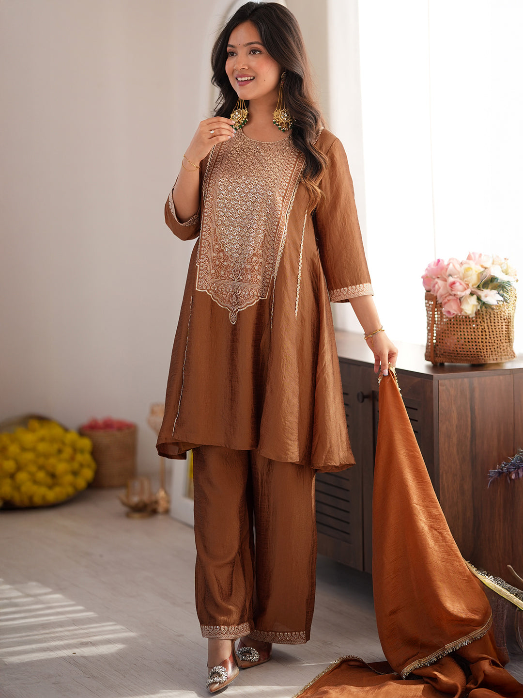 Janasya Women's Bronze Silk Blend Sequins Zari Embroidered A-Line Kurta Set