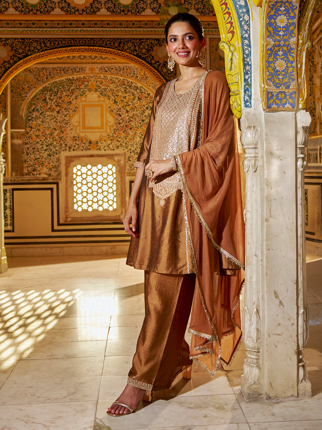 Janasya Women's Bronze Silk Blend Sequins Zari Embroidered A-Line Kurta Set