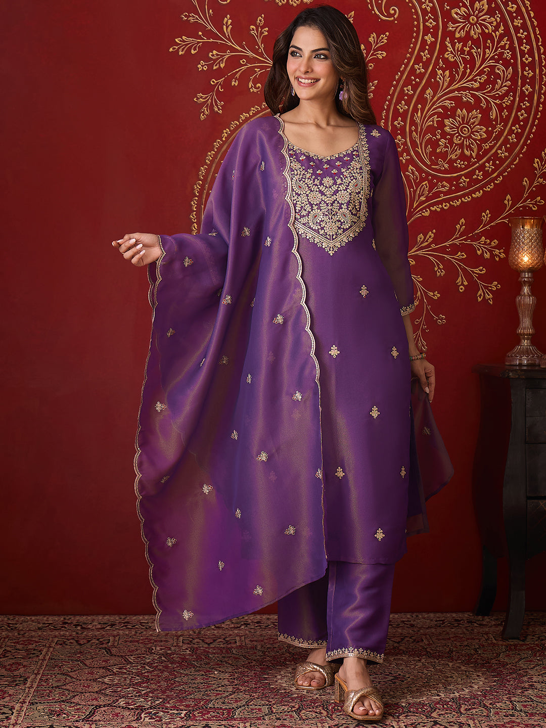 Janasya Women's Purple Silk Blend Floral Zari Embroidered Straight Kurta Set