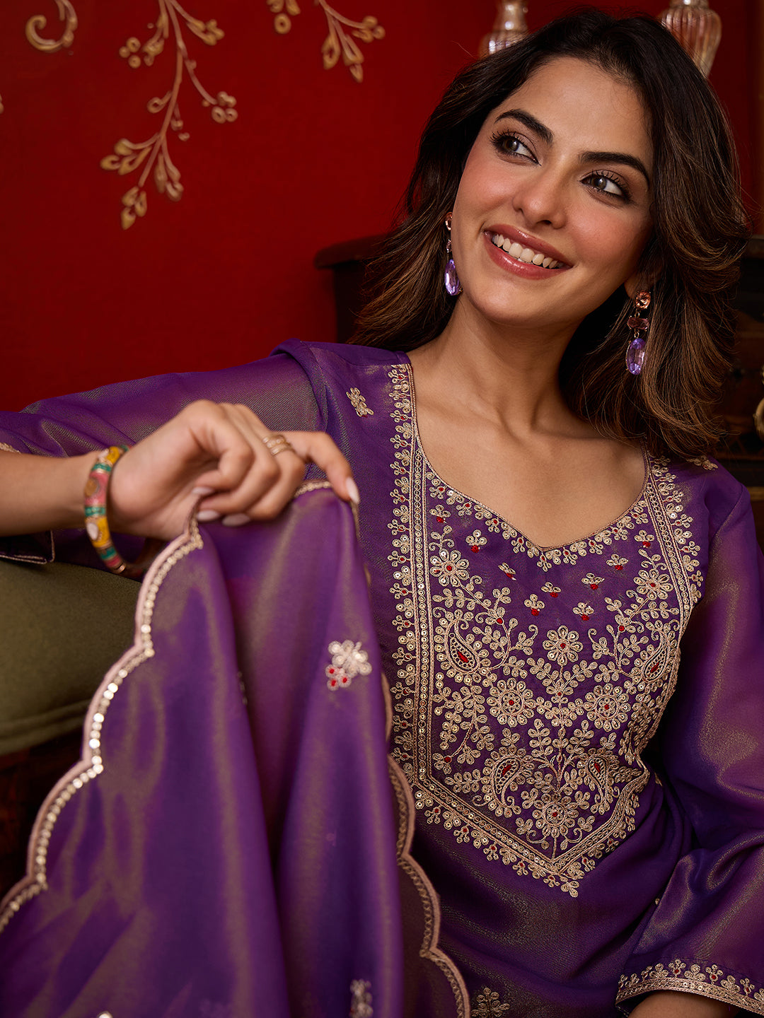 Janasya Women's Purple Silk Blend Floral Zari Embroidered Straight Kurta Set