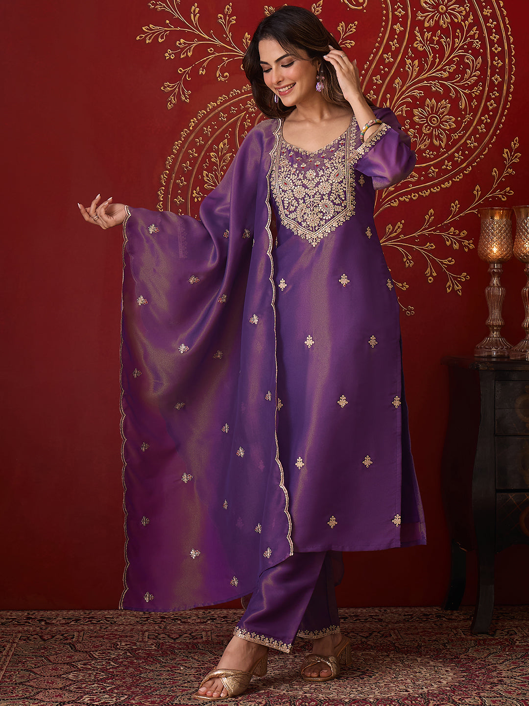 Janasya Women's Purple Silk Blend Floral Zari Embroidered Straight Kurta Set