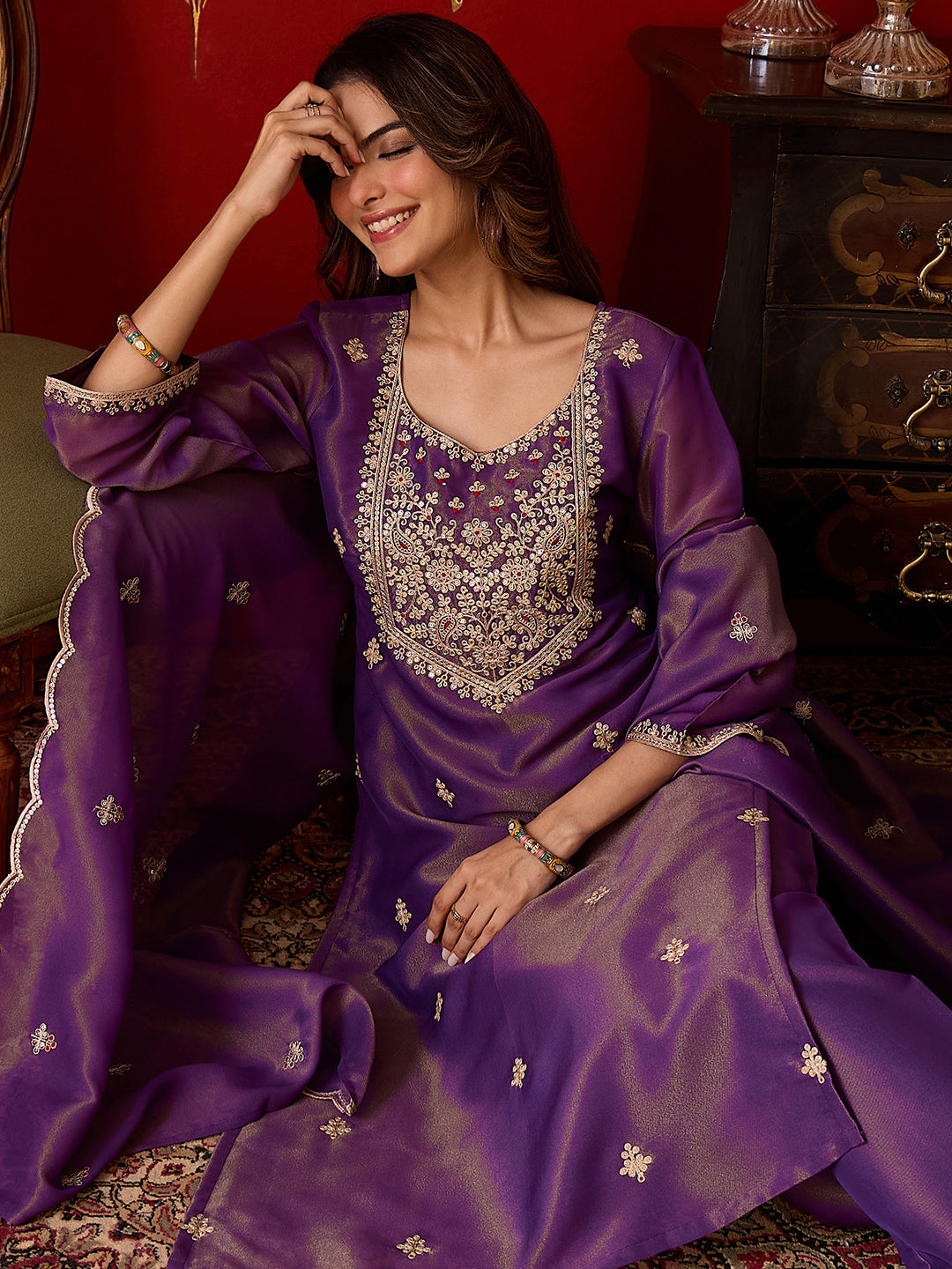 Janasya Women's Purple Silk Blend Floral Zari Embroidered Straight Kurta Set