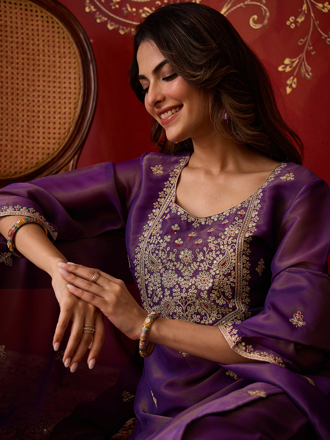 Janasya Women's Purple Silk Blend Floral Zari Embroidered Straight Kurta Set