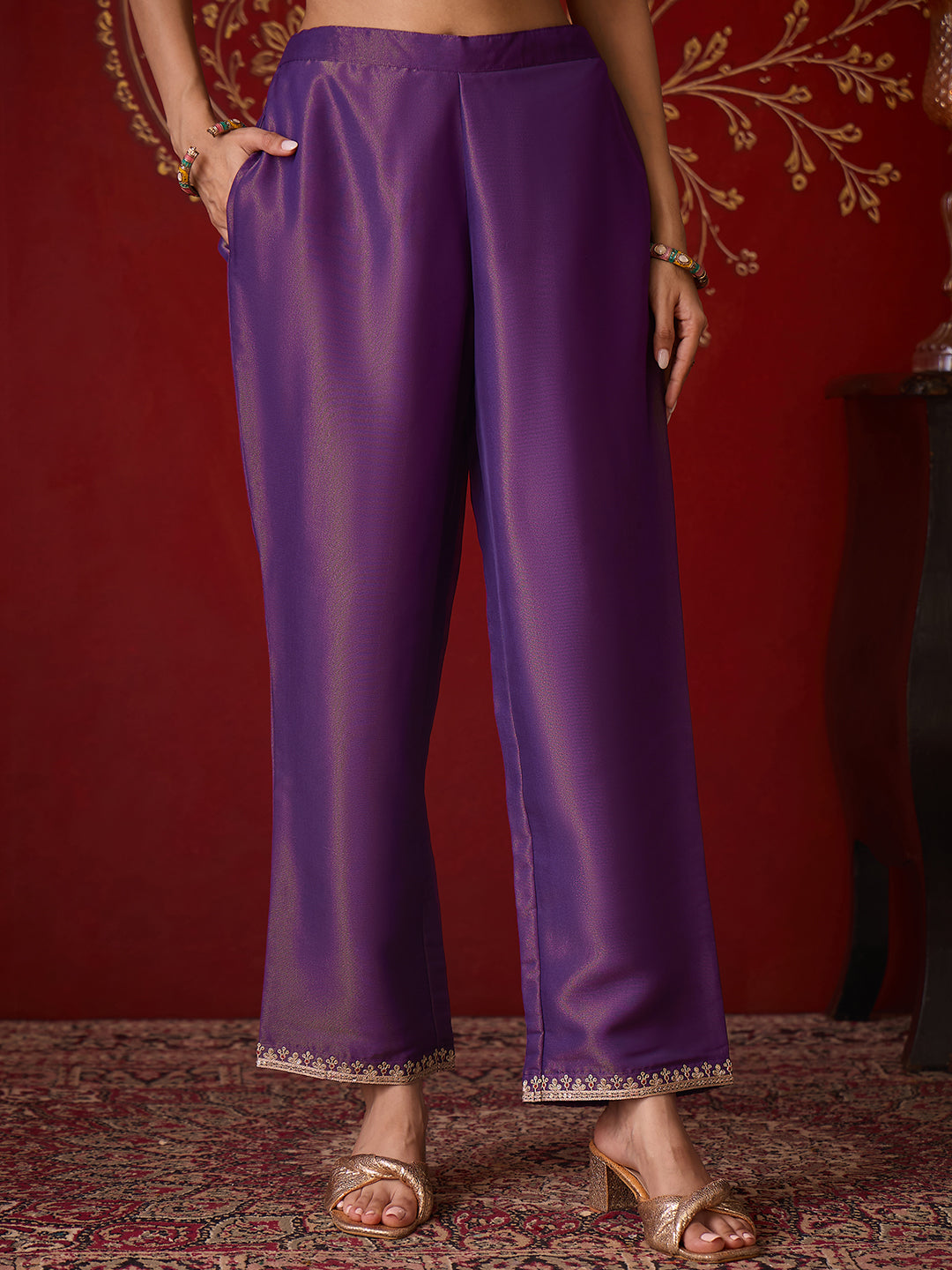 Janasya Women's Purple Silk Blend Floral Zari Embroidered Straight Kurta Set