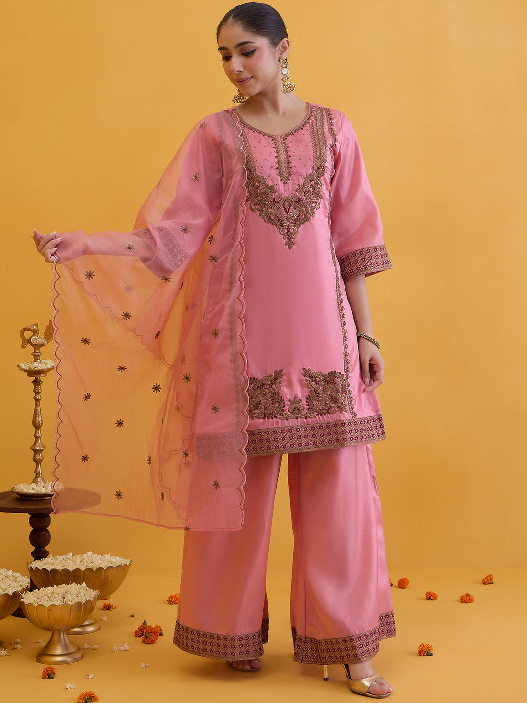 Janasya Women's Dusky Pink Silk Blend Floral Zari Embroidered Straight Kurta with Palazzo and Dupatta Set