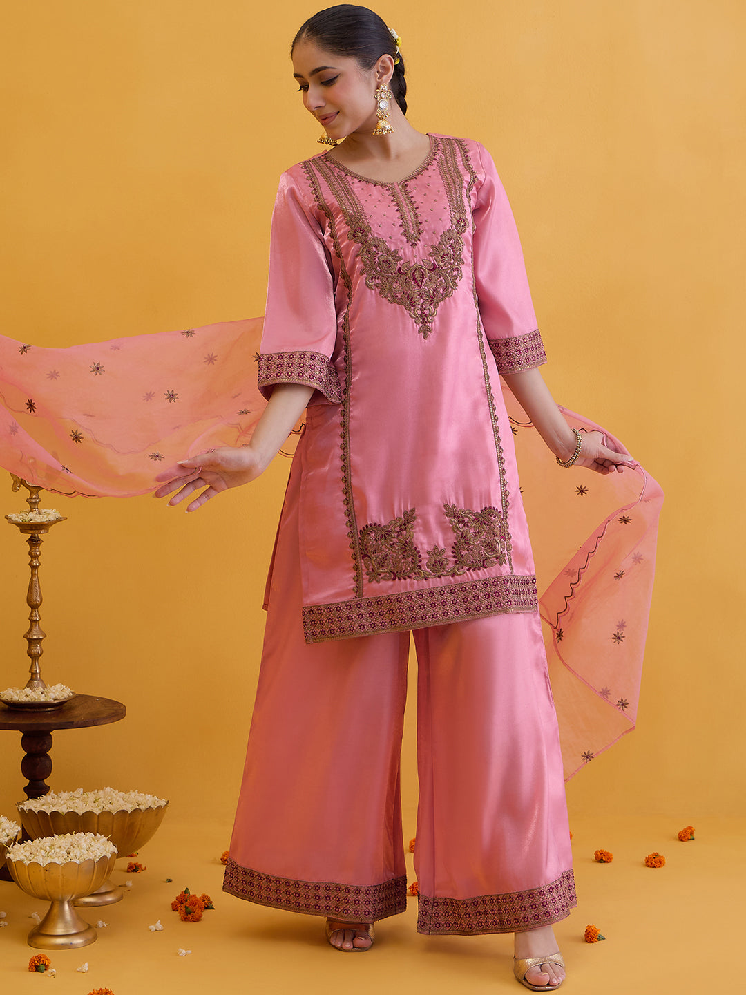 Janasya Women's Dusky Pink Silk Blend Floral Zari Embroidered Straight Kurta with Palazzo and Dupatta Set