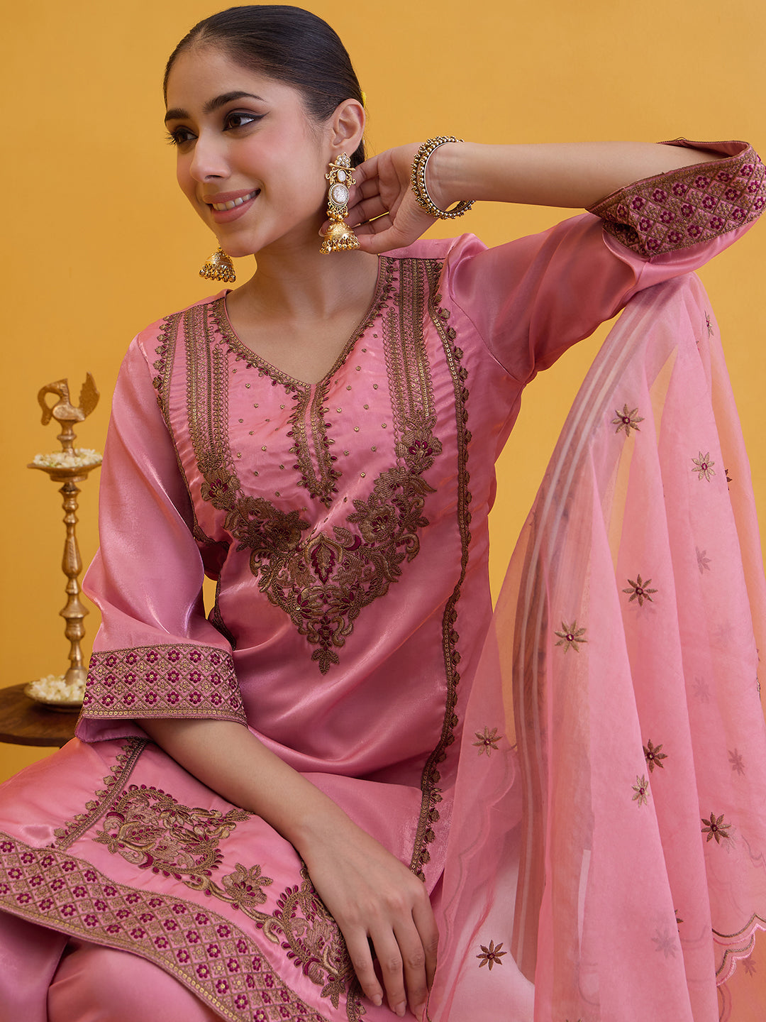 Janasya Women's Dusky Pink Silk Blend Floral Zari Embroidered Straight Kurta with Palazzo and Dupatta Set