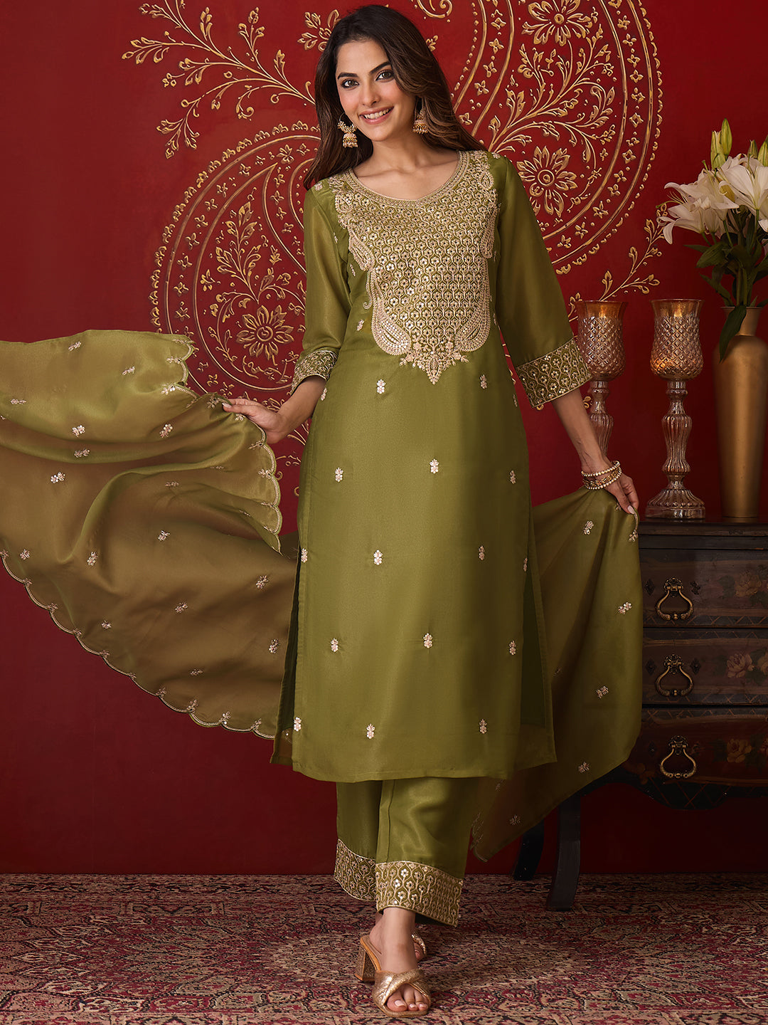 Janasya Women's Green Silk Blend Embellished Straight Kurta Set with Embroidered Dupatta