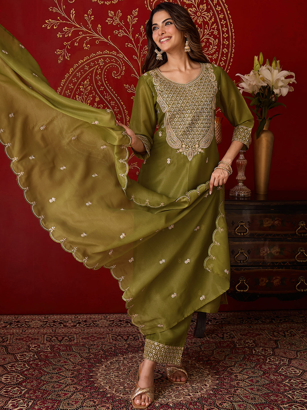 Janasya Women's Green Silk Blend Embellished Straight Kurta Set with Embroidered Dupatta