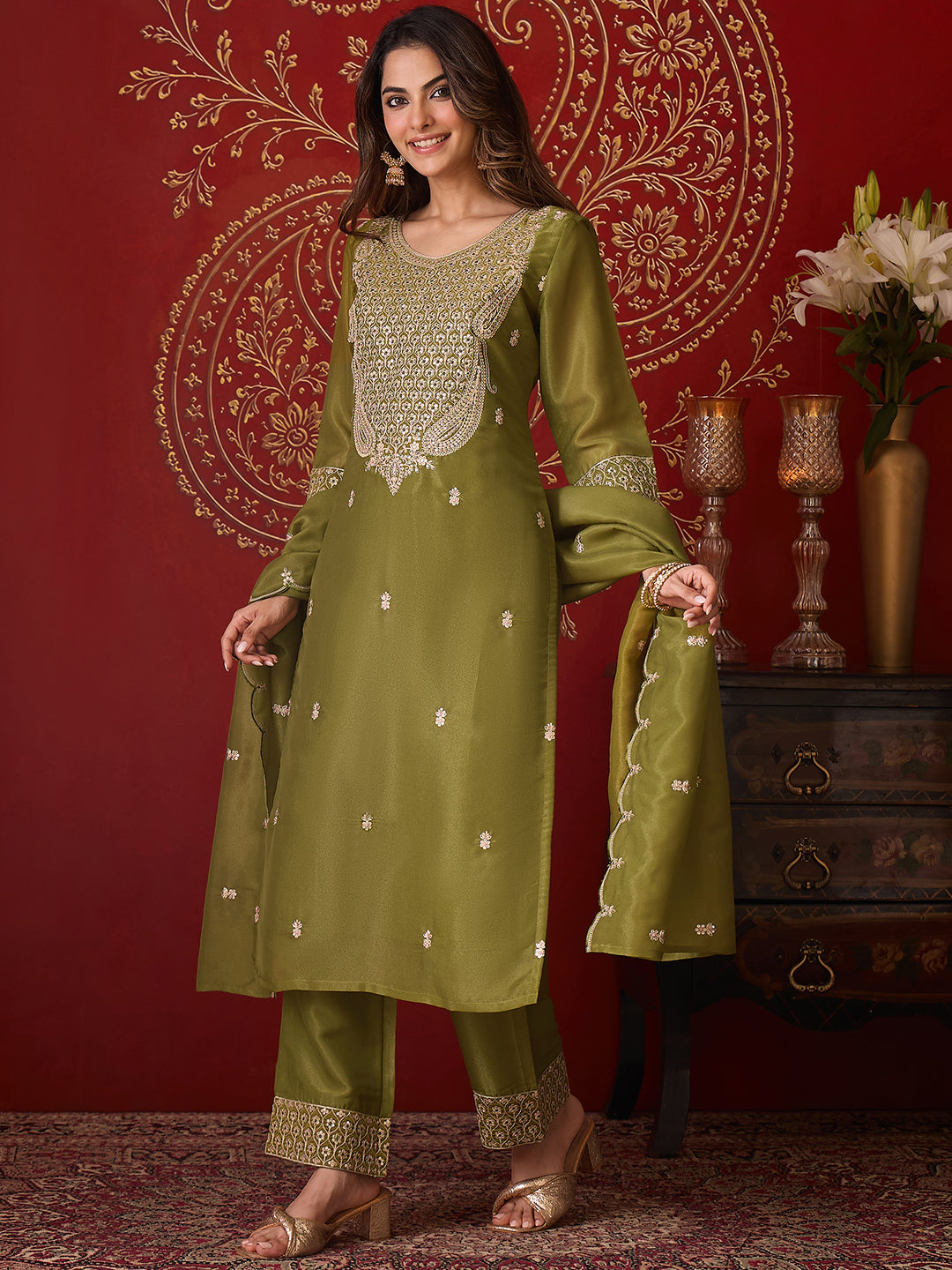 Janasya Women's Green Silk Blend Embellished Straight Kurta Set with Embroidered Dupatta