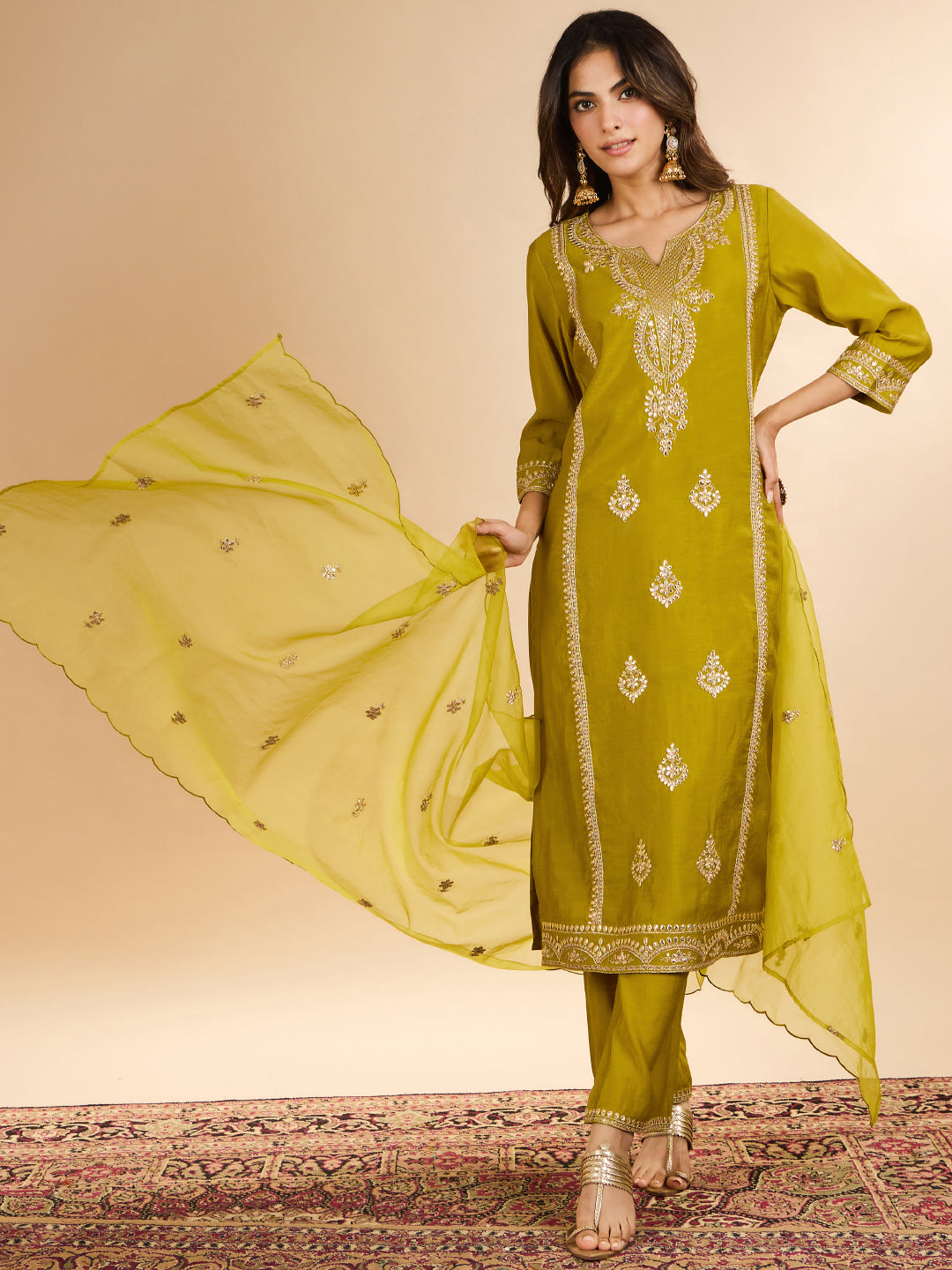 Janasya Women's Lime Green Chanderi Silk Zari Embroidered Straight Kurta Set