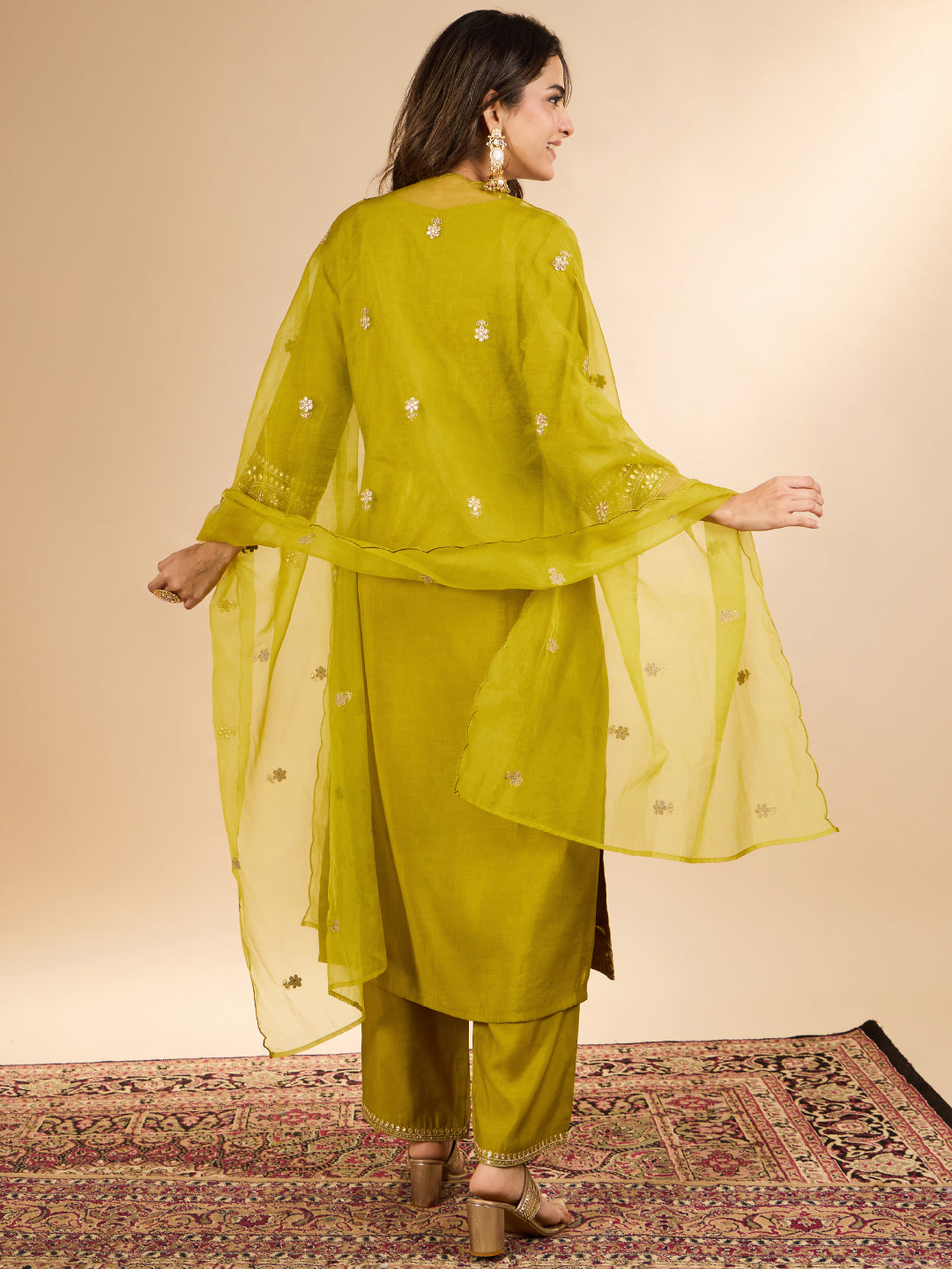 Janasya Women's Lime Green Chanderi Silk Zari Embroidered Straight Kurta Set