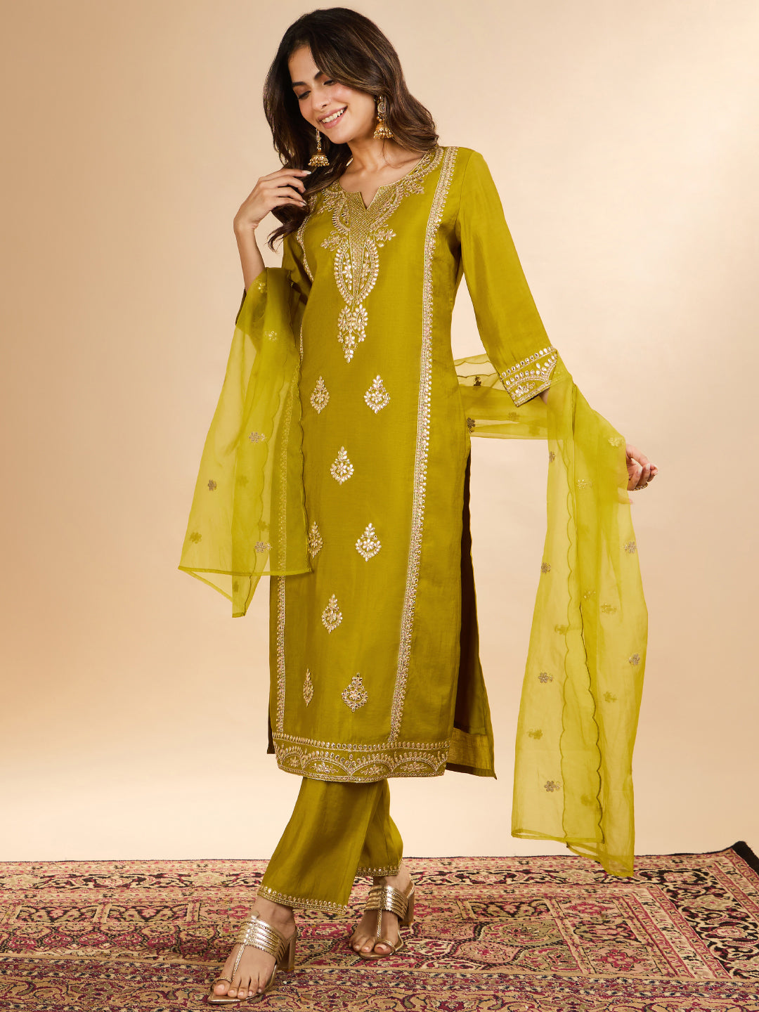 Janasya Women's Lime Green Chanderi Silk Zari Embroidered Straight Kurta Set