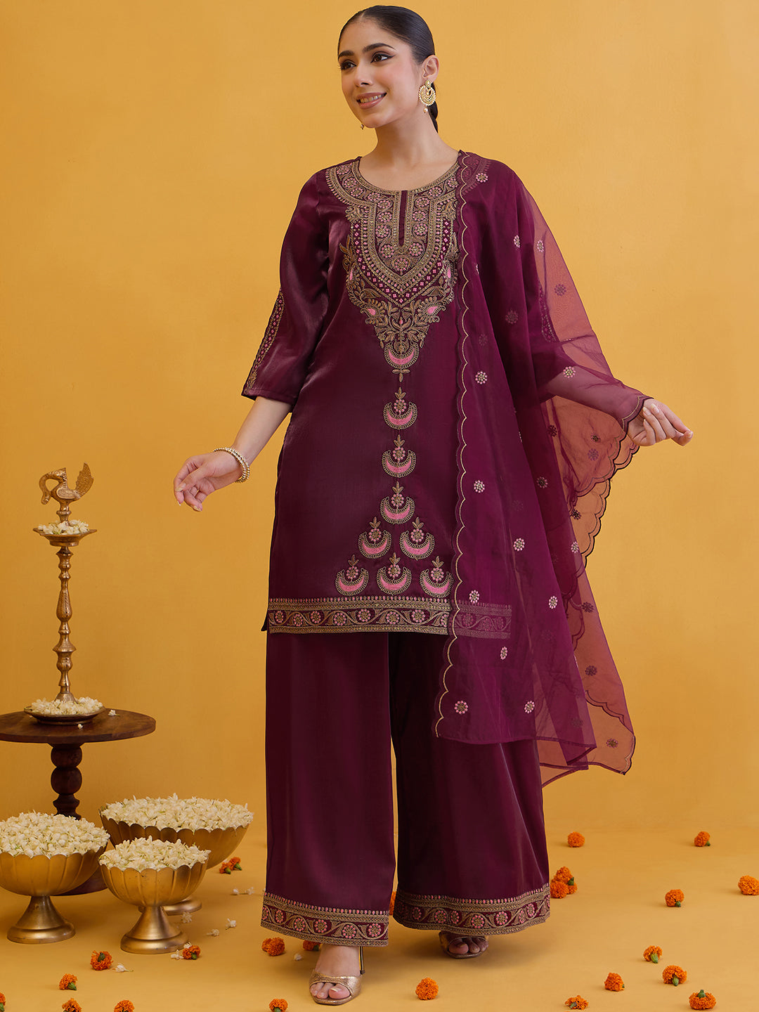 Janasya Women's Wine Silk Blend Floral Zari Embroidered Straight Kurta with Palazzo and Dupatta Set