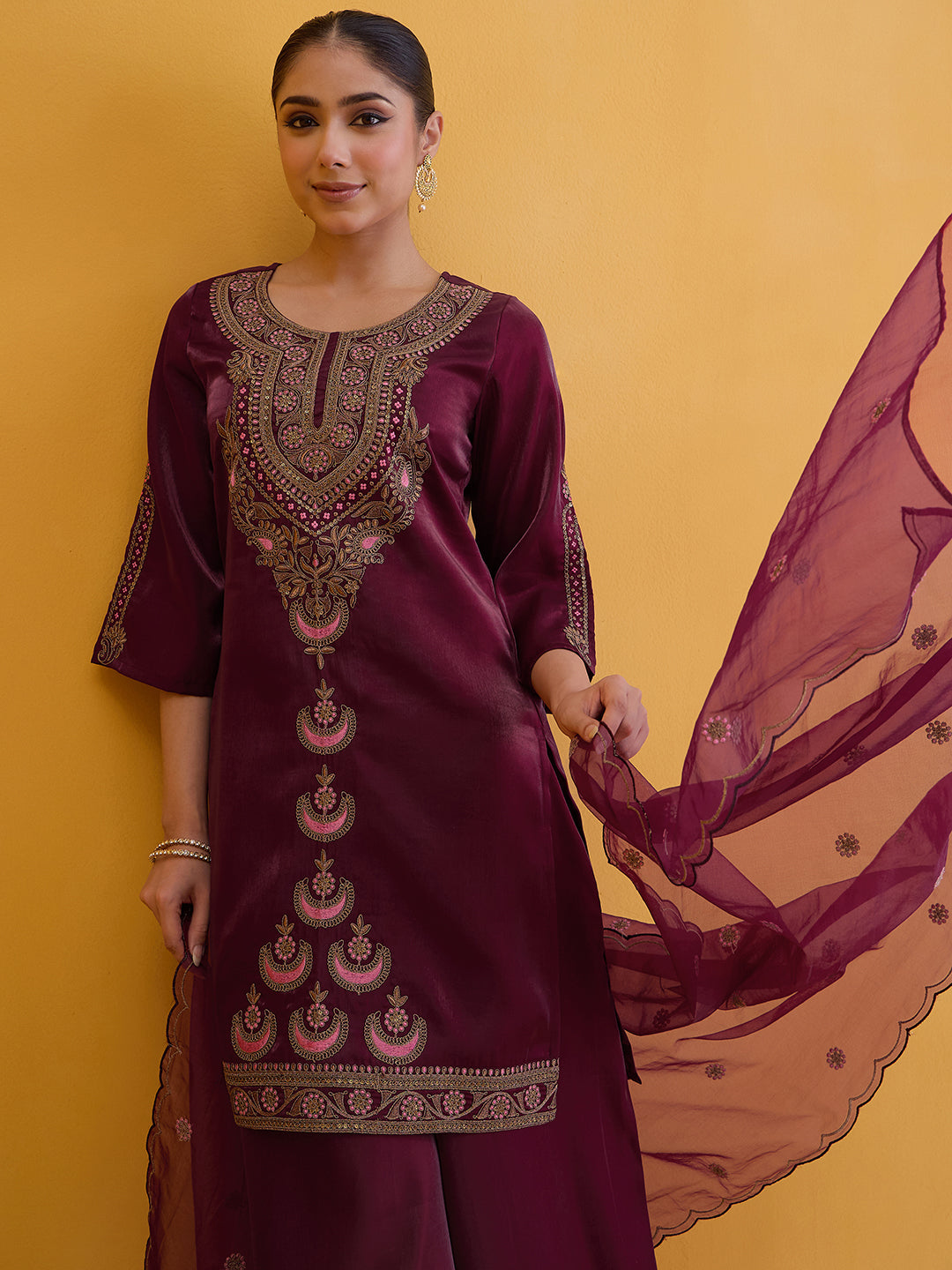 Janasya Women's Wine Silk Blend Floral Zari Embroidered Straight Kurta with Palazzo and Dupatta Set