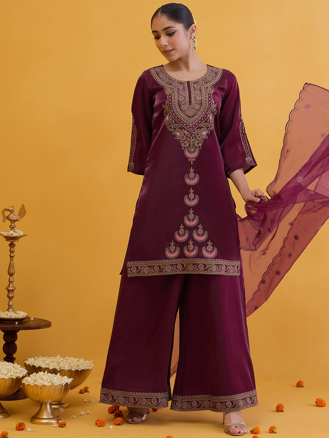 Janasya Women's Wine Silk Blend Floral Zari Embroidered Straight Kurta with Palazzo and Dupatta Set