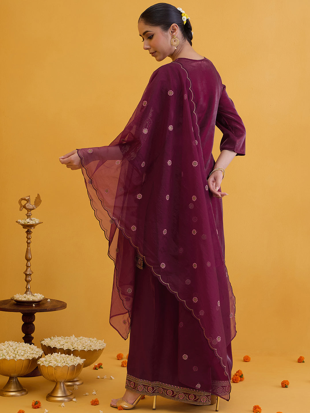 Janasya Women's Wine Silk Blend Floral Zari Embroidered Straight Kurta with Palazzo and Dupatta Set