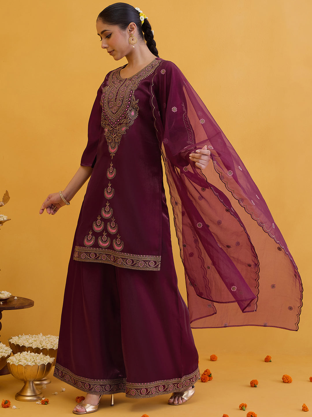 Janasya Women's Wine Silk Blend Floral Zari Embroidered Straight Kurta with Palazzo and Dupatta Set
