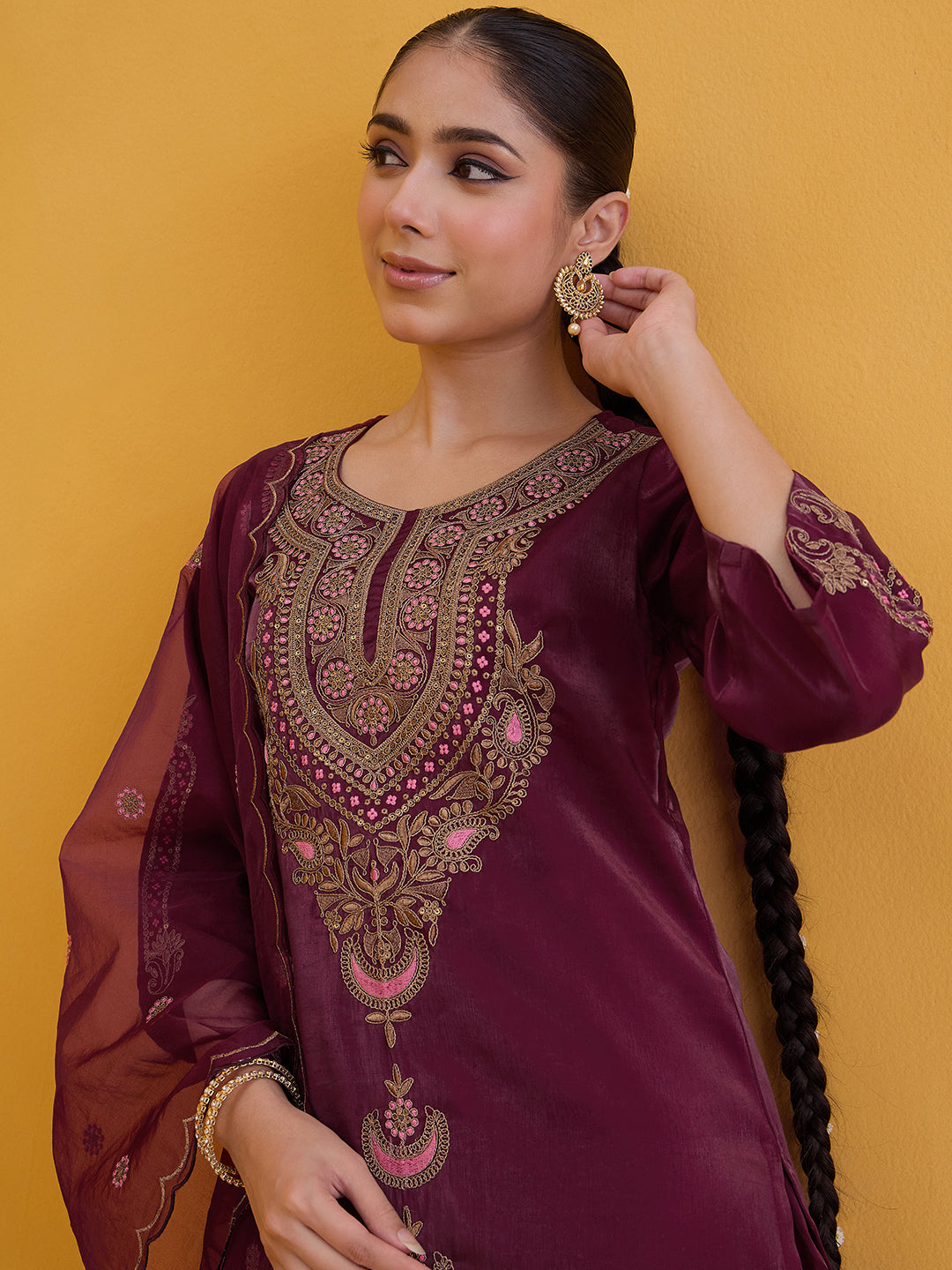 Janasya Women's Wine Silk Blend Floral Zari Embroidered Straight Kurta with Palazzo and Dupatta Set