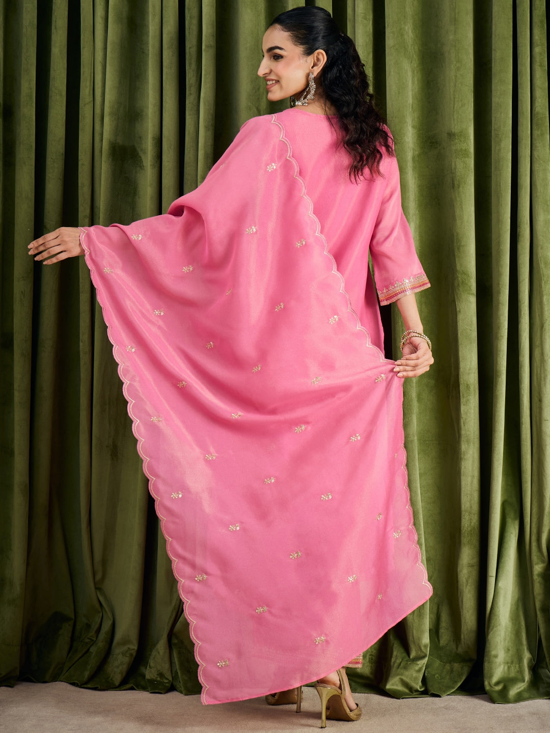 Janasya Women's Pink Silk Blend Floral Embroidered Straight Kurta Set