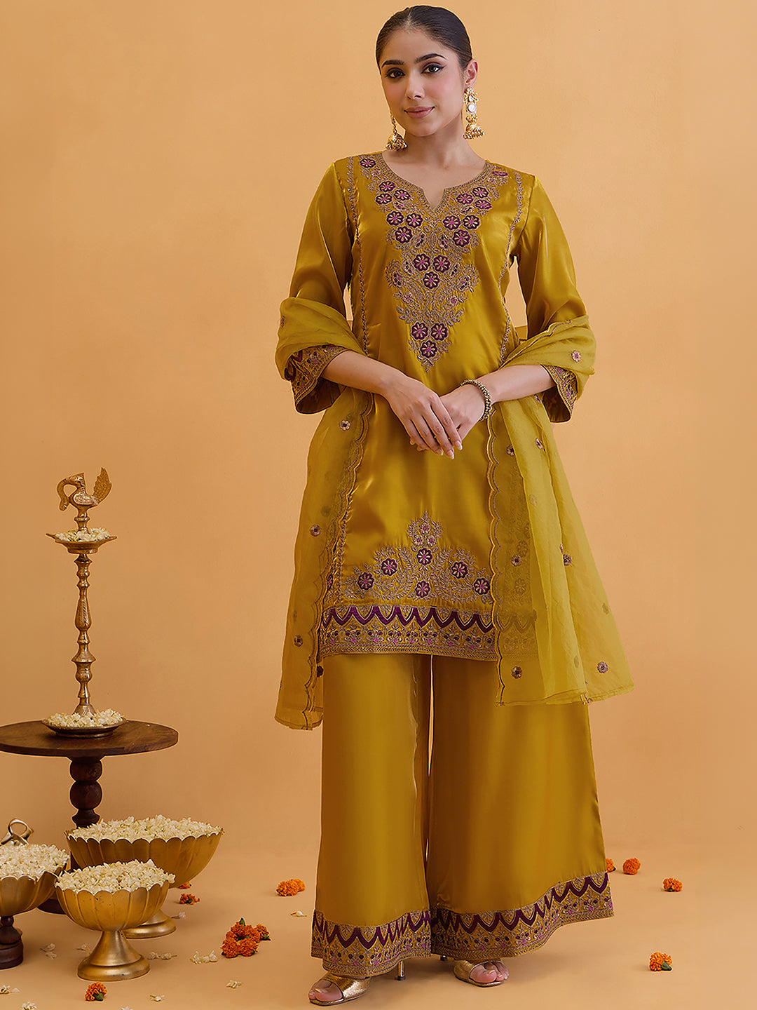 Janasya Women's Mustard Silk Blend Floral Zari Embroidered Straight Kurta with Palazzo and Dupatta Set