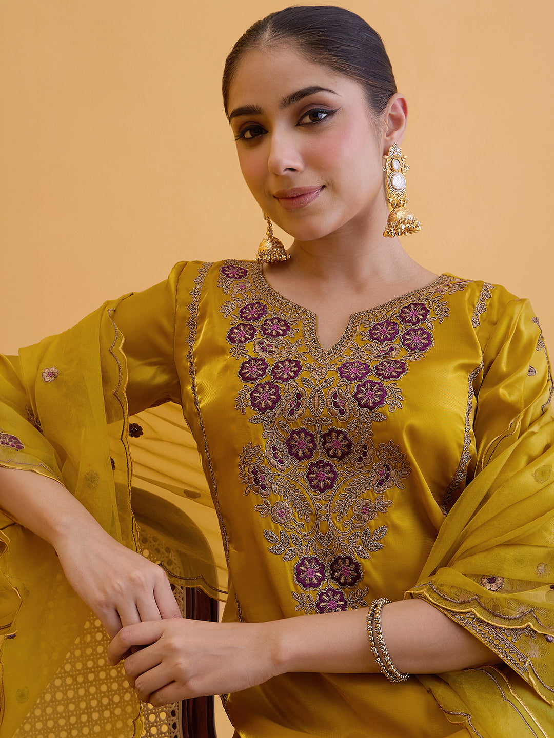 Janasya Women's Mustard Silk Blend Floral Zari Embroidered Straight Kurta with Palazzo and Dupatta Set