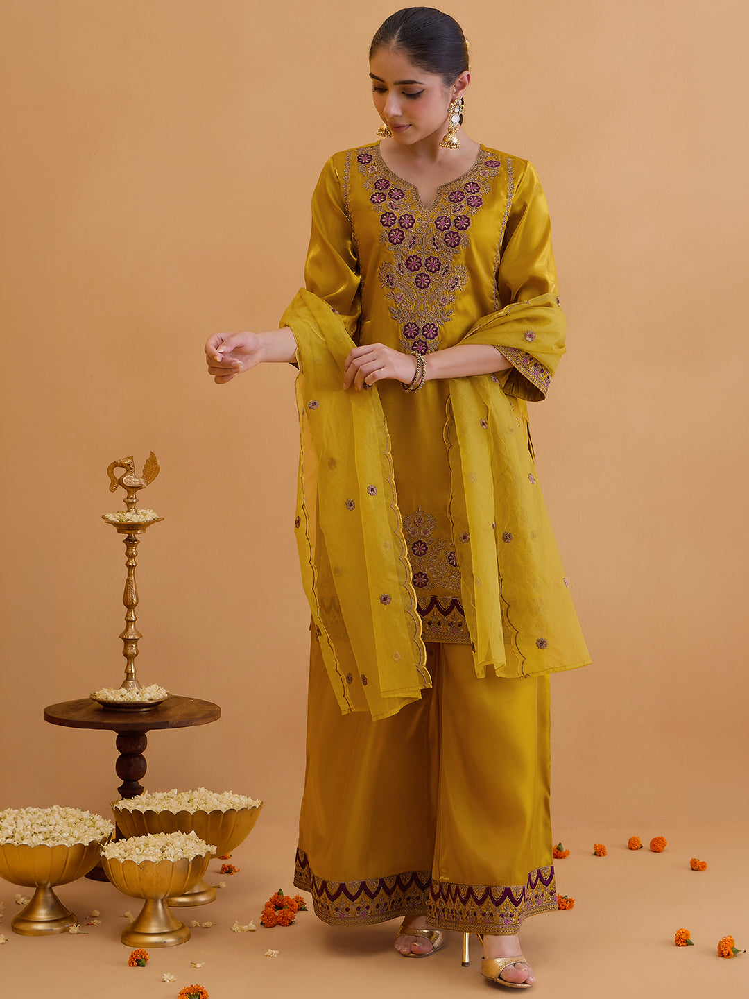 Janasya Women's Mustard Silk Blend Floral Zari Embroidered Straight Kurta with Palazzo and Dupatta Set