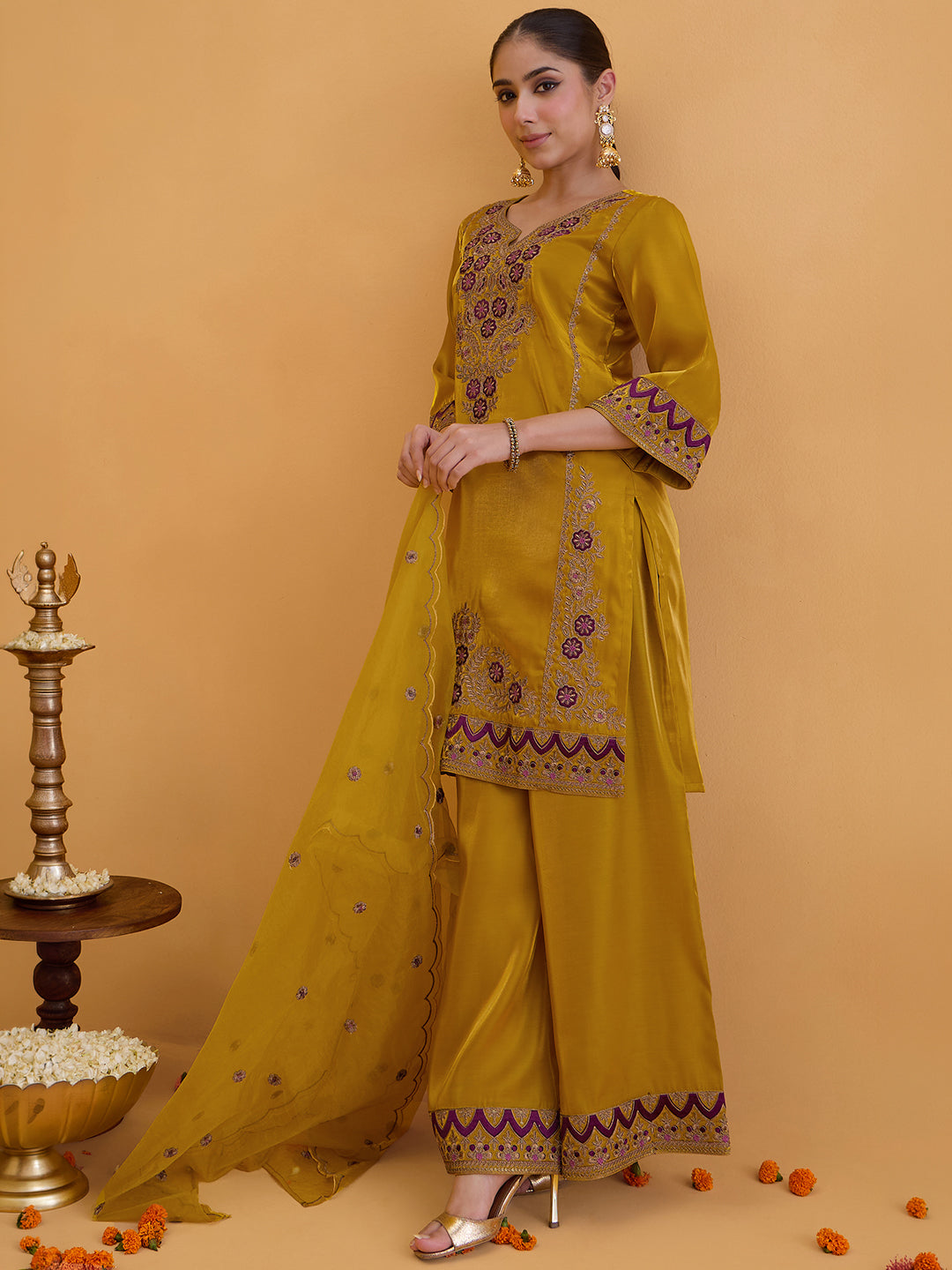 Janasya Women's Mustard Silk Blend Floral Zari Embroidered Straight Kurta with Palazzo and Dupatta Set