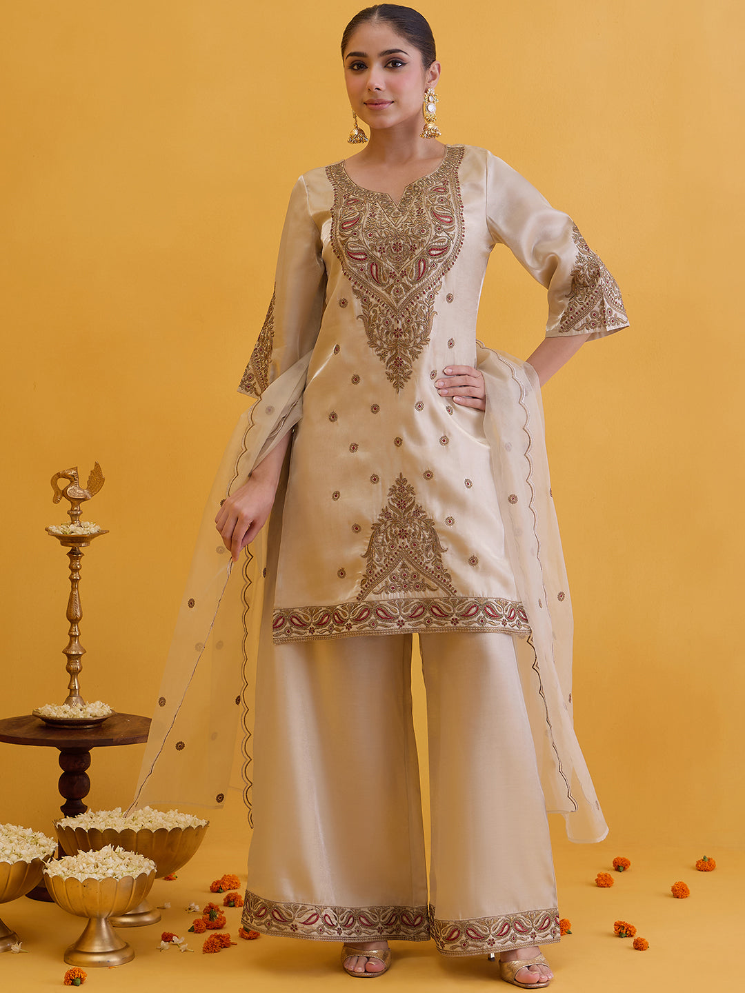 Janasya Women's Champagne Silk Blend Floral Zari Embroidered Straight Kurta with Palazzo and Dupatta Set