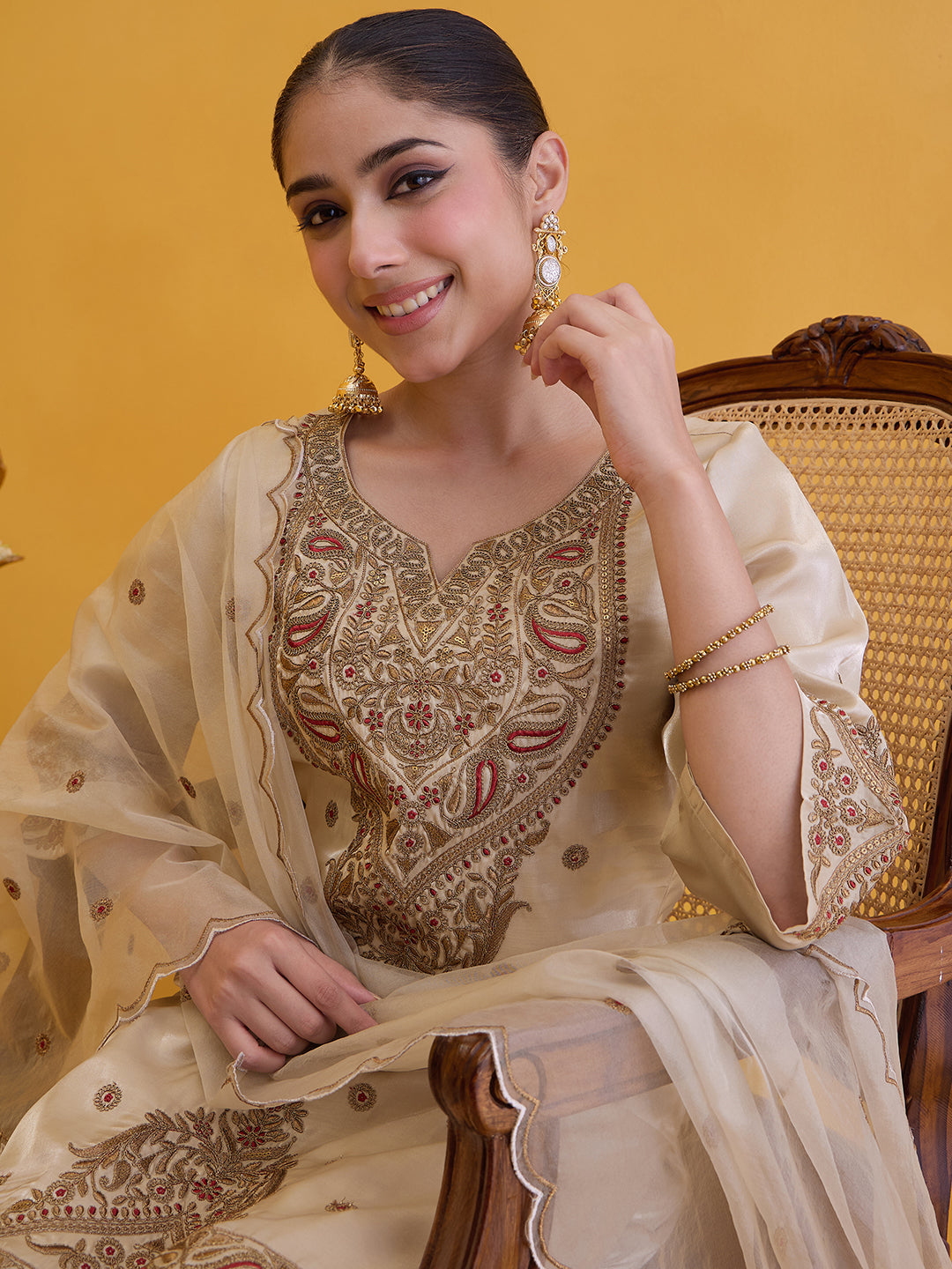 Janasya Women's Champagne Silk Blend Floral Zari Embroidered Straight Kurta with Palazzo and Dupatta Set