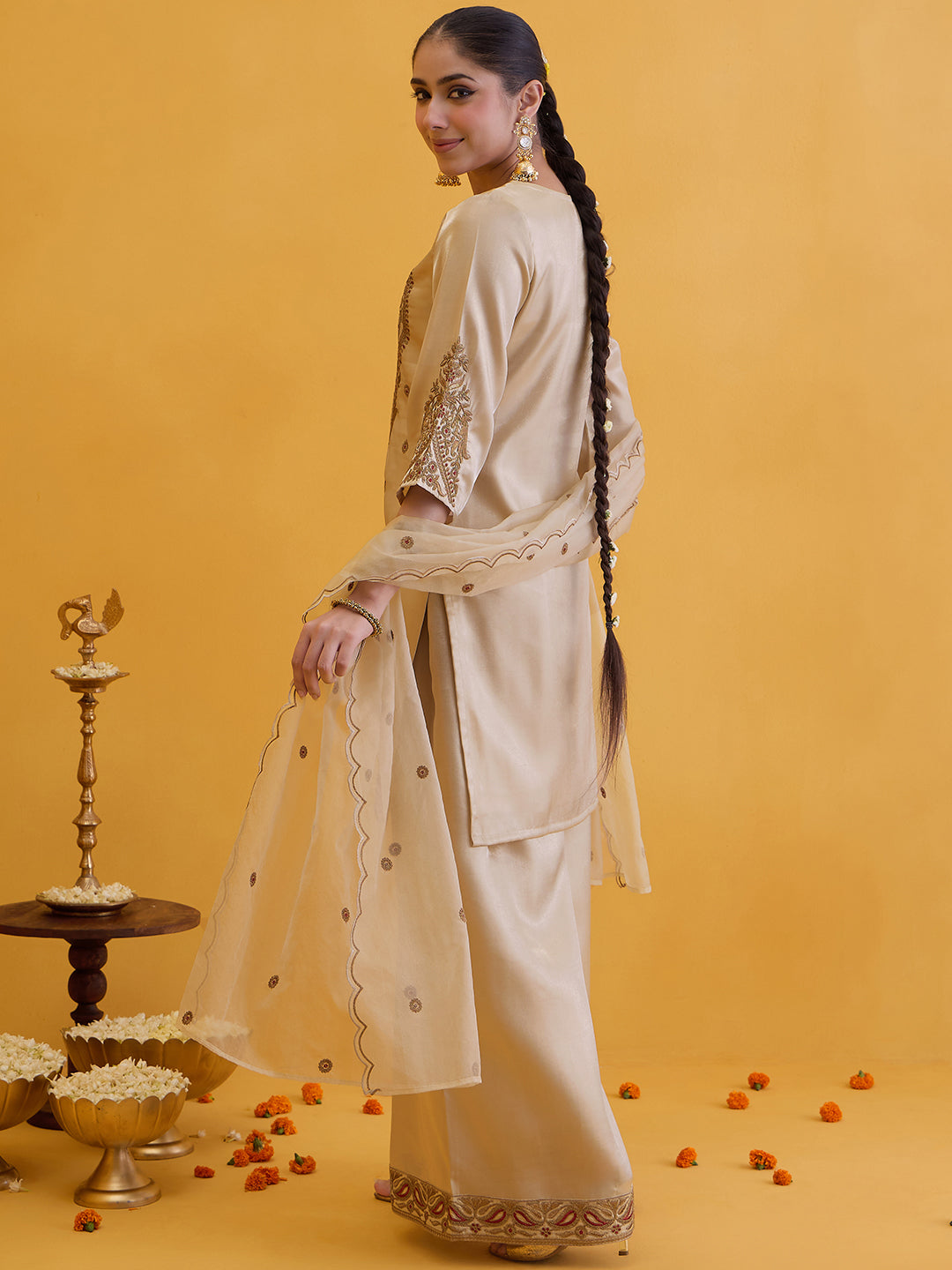 Janasya Women's Champagne Silk Blend Floral Zari Embroidered Straight Kurta with Palazzo and Dupatta Set