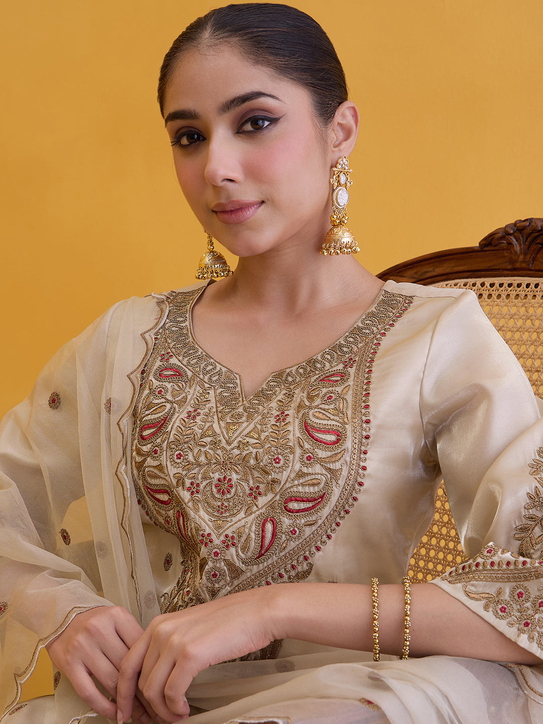 Janasya Women's Champagne Silk Blend Floral Zari Embroidered Straight Kurta with Palazzo and Dupatta Set