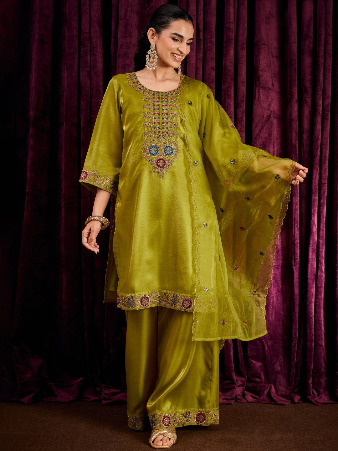 Janasya Women's Lime Green Silk Blend Floral Embroidered Straight Kurta with Sharara and Dupatta Set