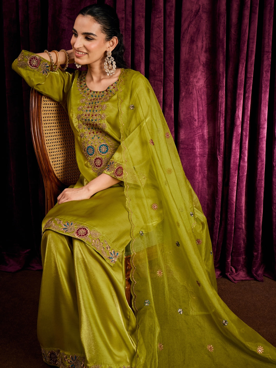 Janasya Women's Lime Green Silk Blend Floral Embroidered Straight Kurta with Sharara and Dupatta Set