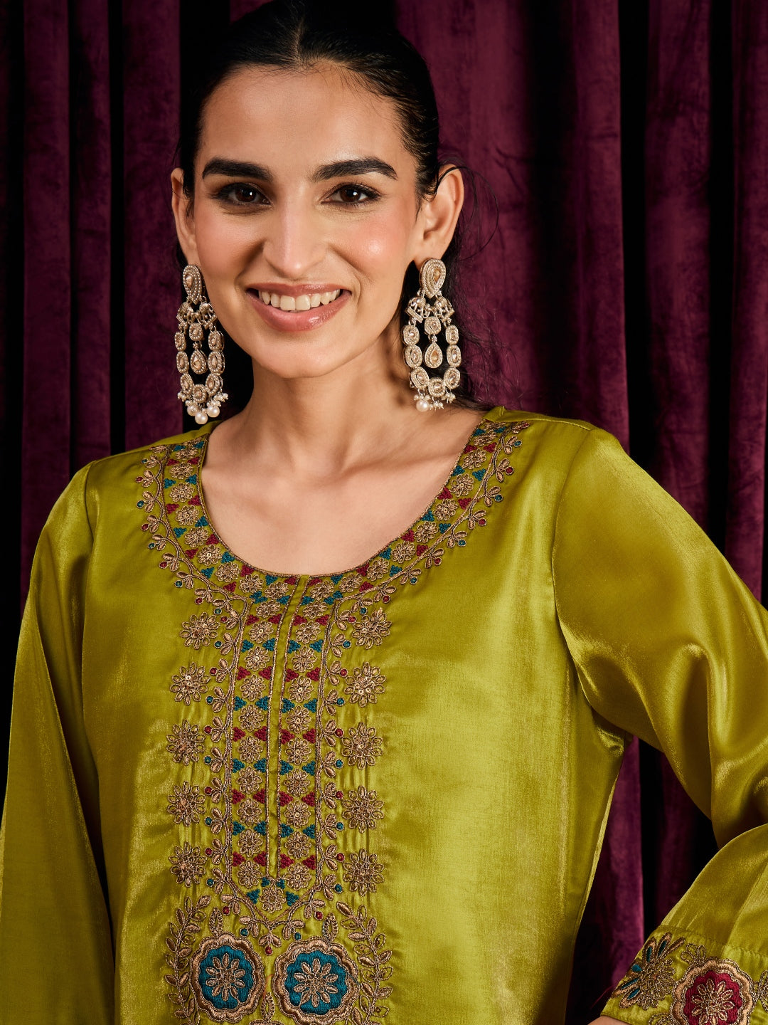 Janasya Women's Lime Green Silk Blend Floral Embroidered Straight Kurta with Sharara and Dupatta Set