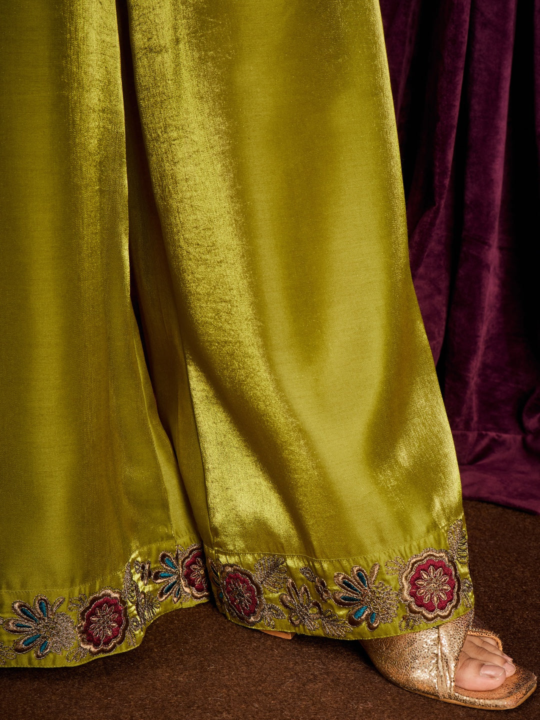 Janasya Women's Lime Green Silk Blend Floral Embroidered Straight Kurta with Sharara and Dupatta Set