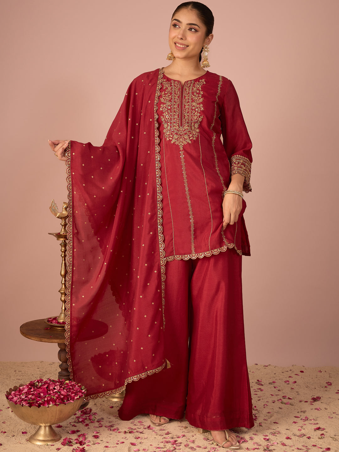 Janasya Women's Maroon Silk Blend Zari Embroidered Straight Kurta with Palazzo and Dupatta Set