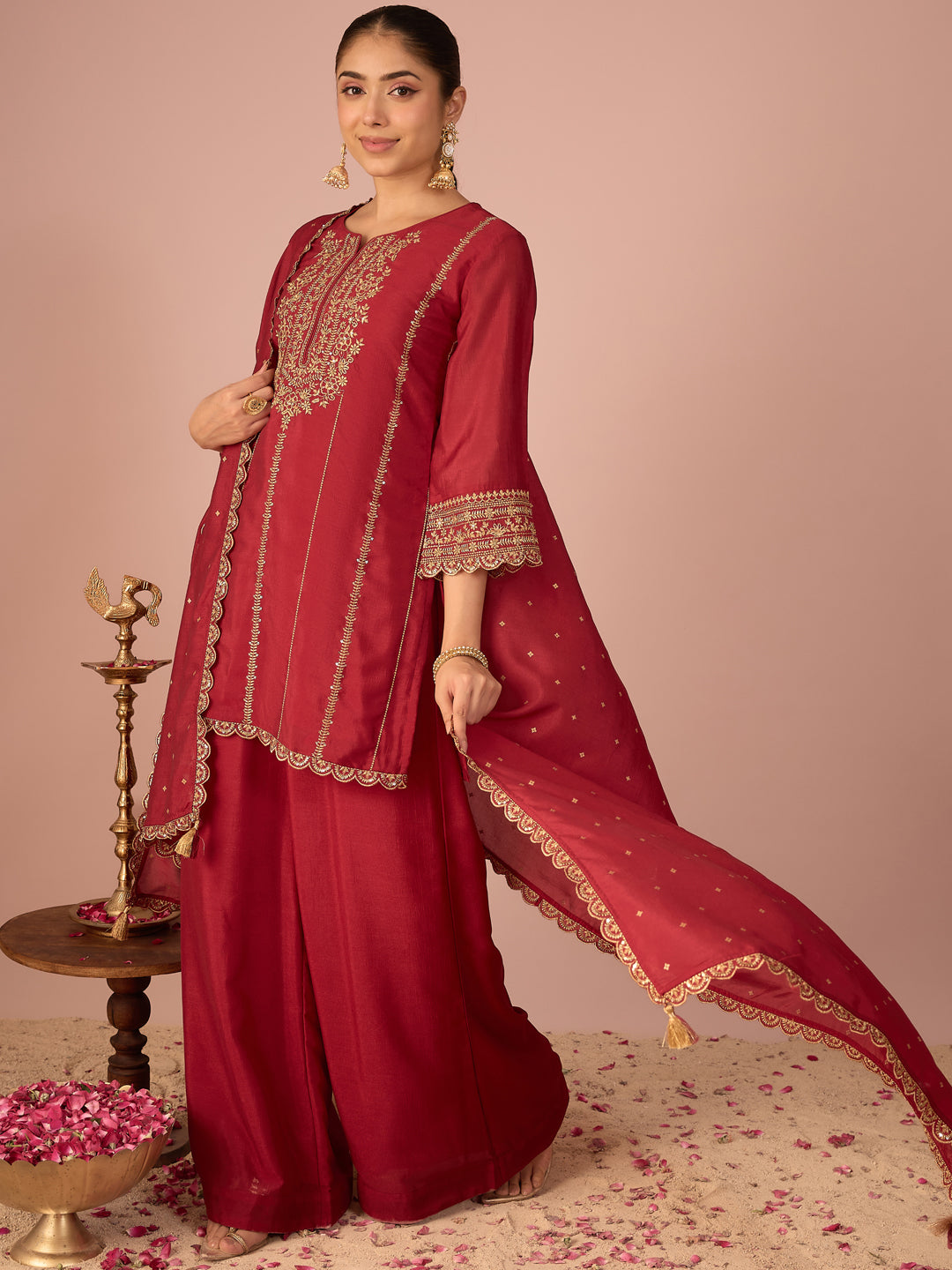 Janasya Women's Maroon Silk Blend Zari Embroidered Straight Kurta with Palazzo and Dupatta Set