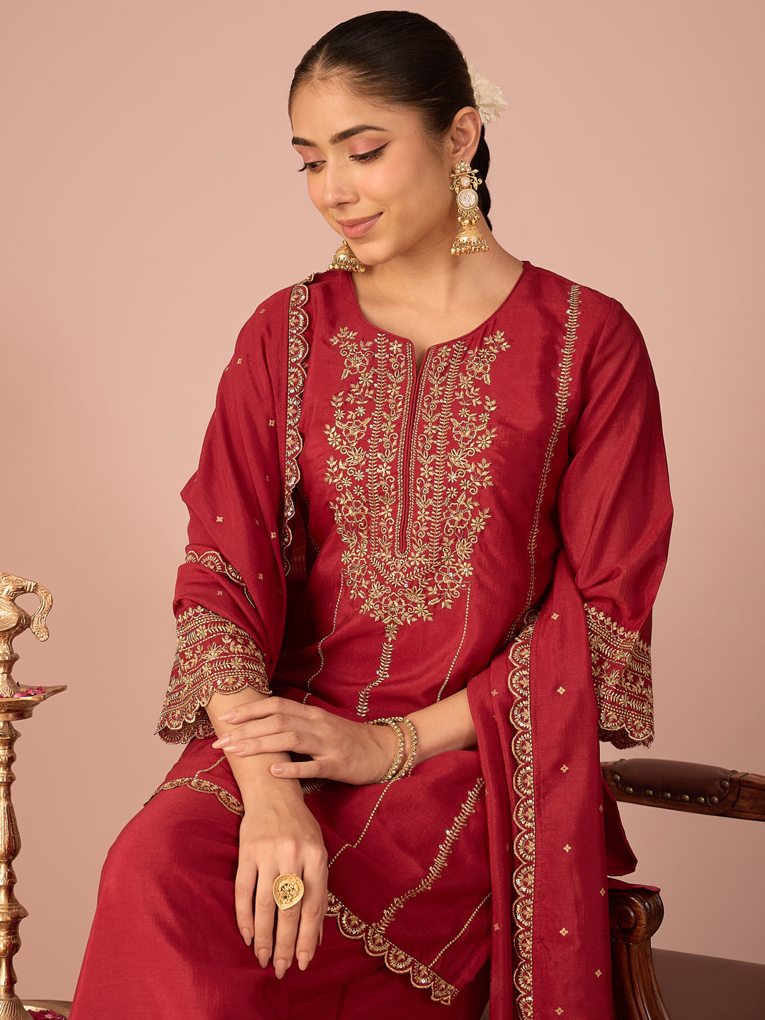 Janasya Women's Maroon Silk Blend Zari Embroidered Straight Kurta with Palazzo and Dupatta Set