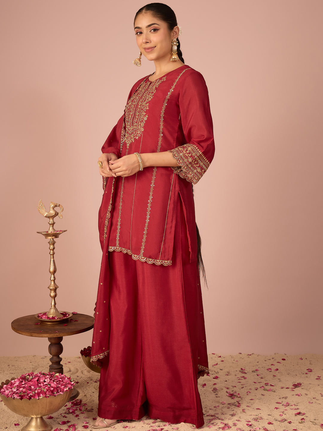 Janasya Women's Maroon Silk Blend Zari Embroidered Straight Kurta with Palazzo and Dupatta Set
