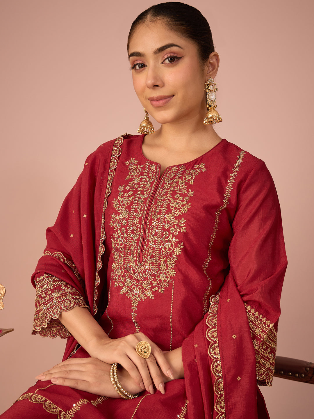 Janasya Women's Maroon Silk Blend Zari Embroidered Straight Kurta with Palazzo and Dupatta Set