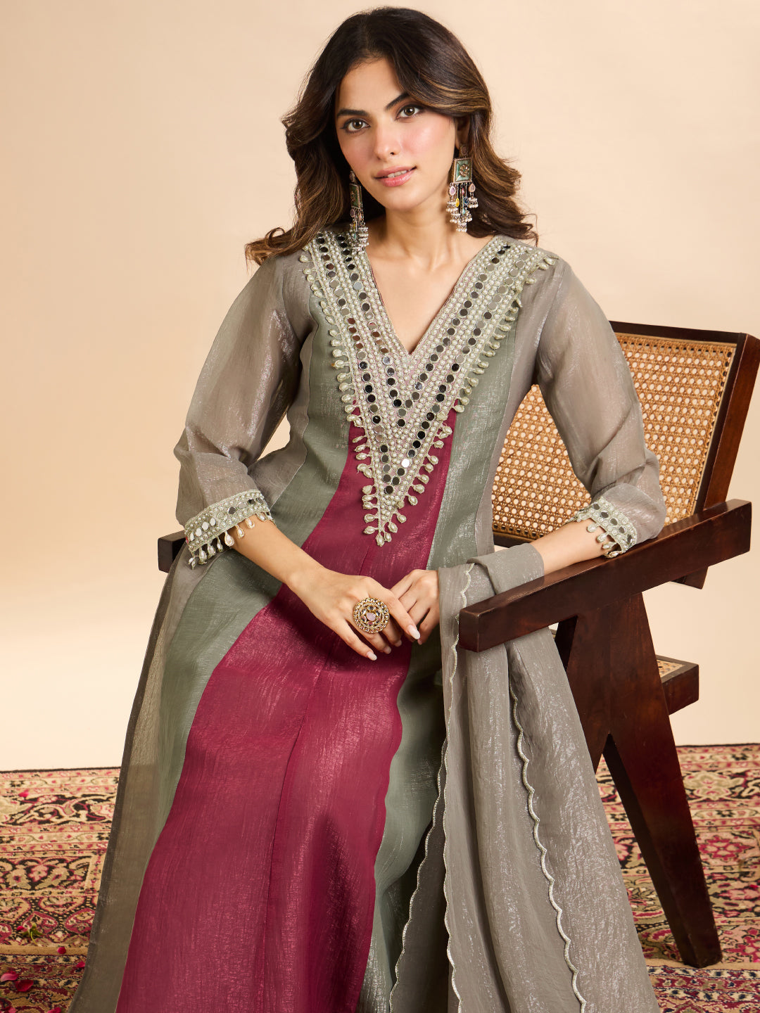 Janasya Women's Grey Tissue Silk Mirror and Beads Embroidered Anarkali Kurta Set