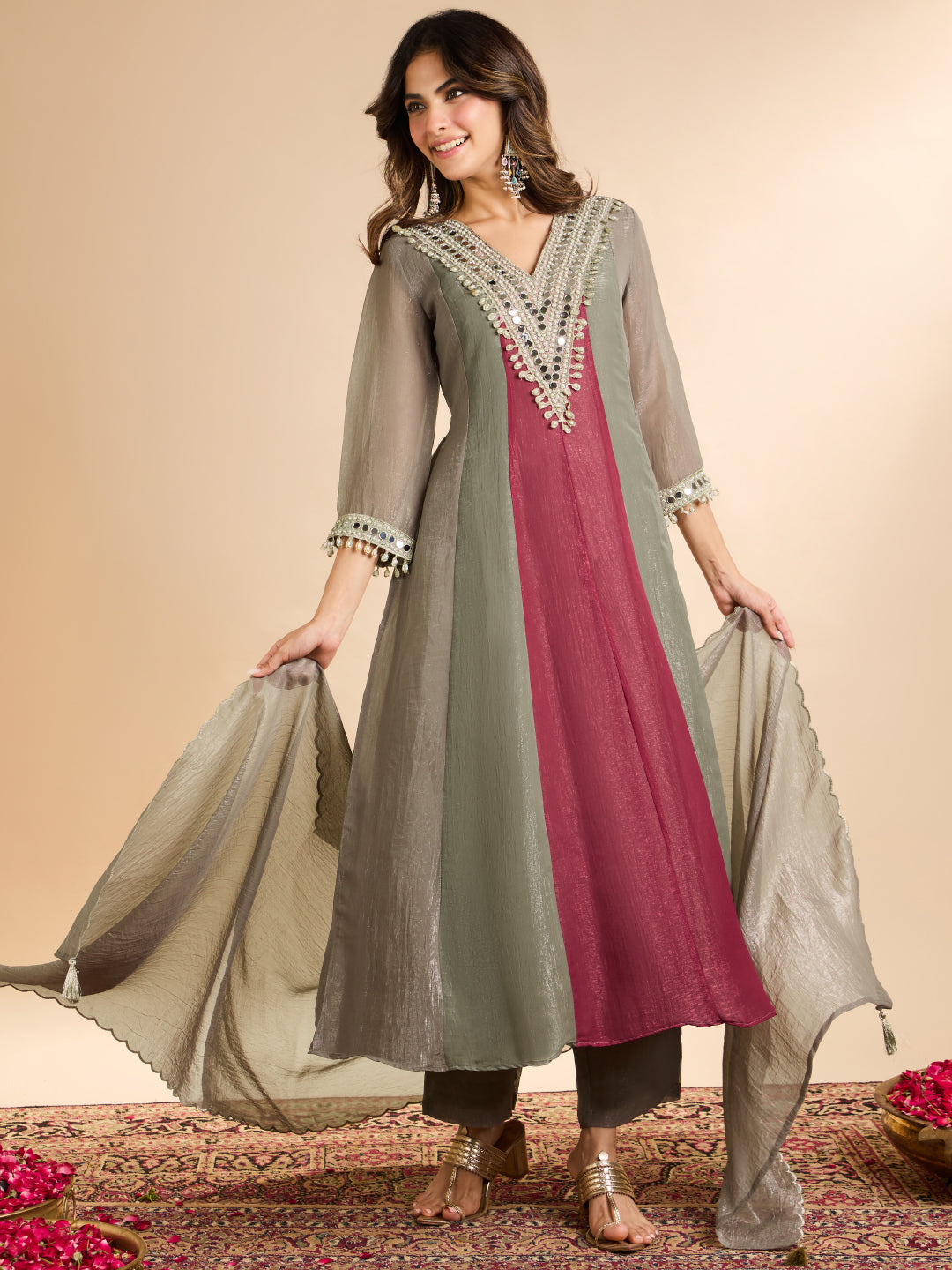Janasya Women's Grey Tissue Silk Mirror and Beads Embroidered Anarkali Kurta Set