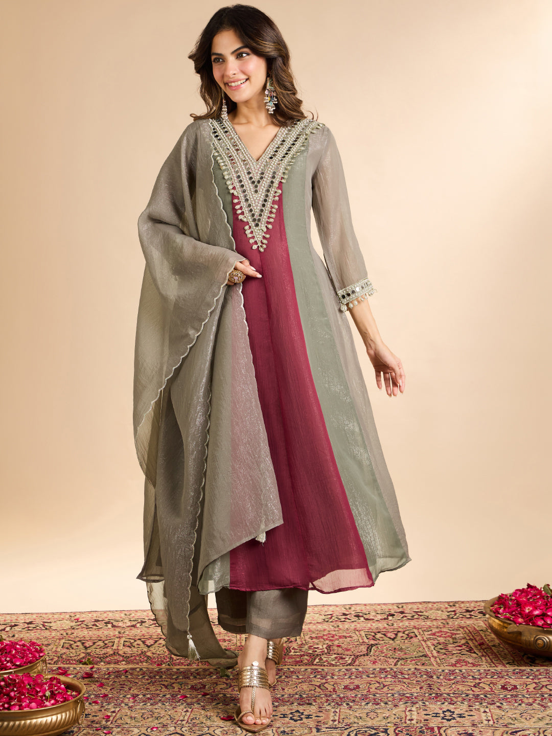 Janasya Women's Grey Tissue Silk Mirror and Beads Embroidered Anarkali Kurta Set