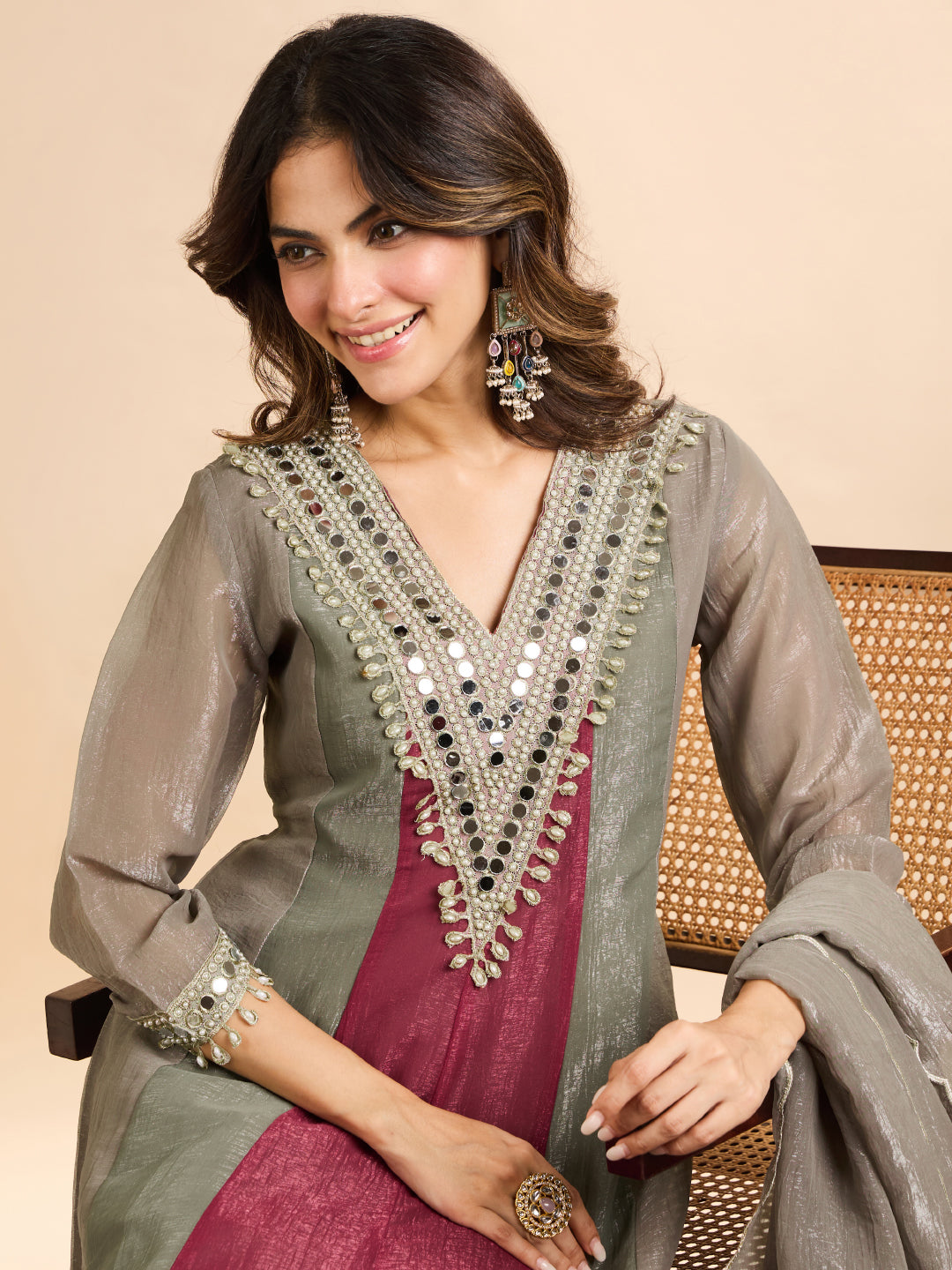 Janasya Women's Grey Tissue Silk Mirror and Beads Embroidered Anarkali Kurta Set