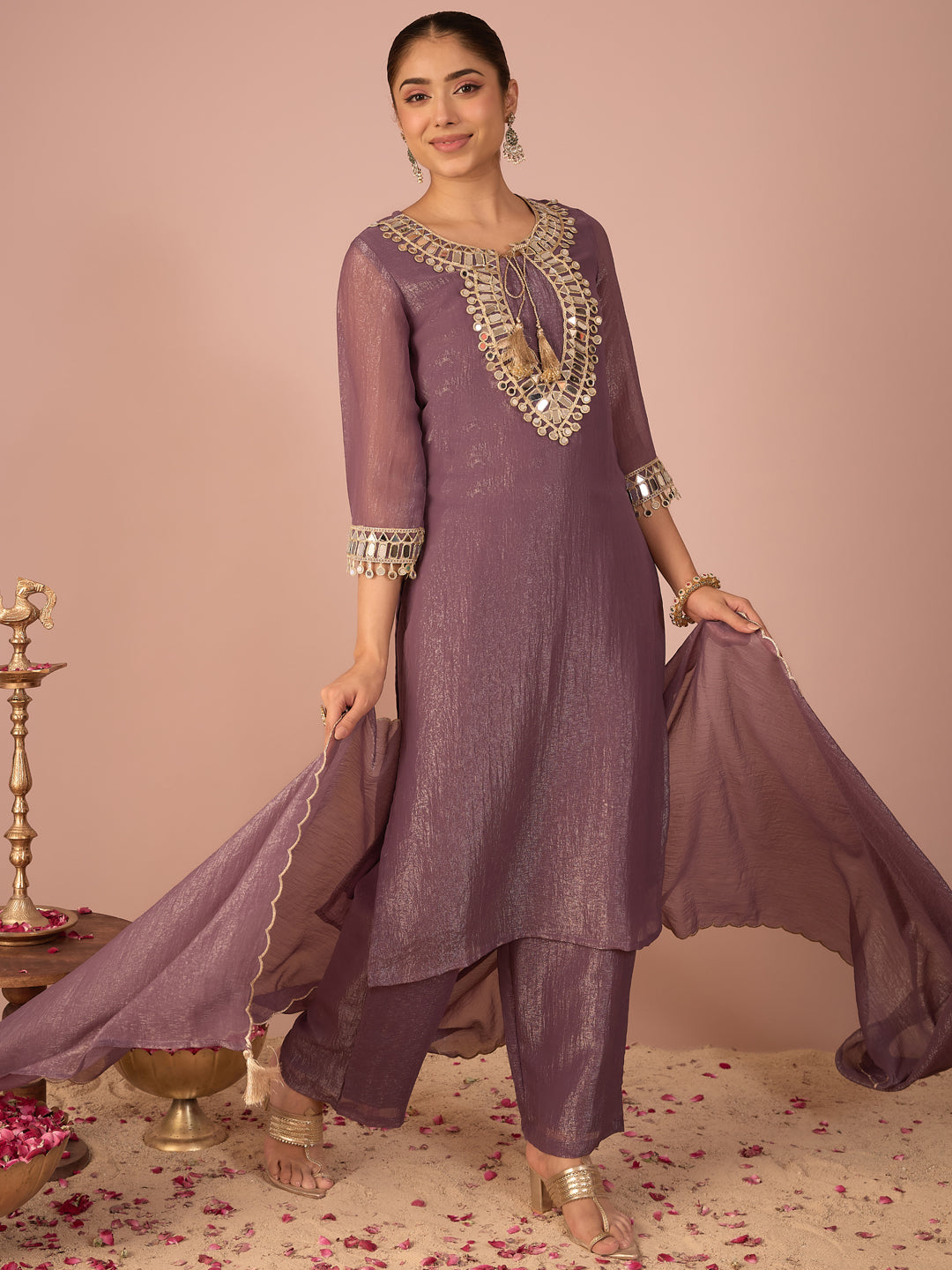 Janasya Women's Lavender Georgette Mirror Embroidered Straight Kurta Set