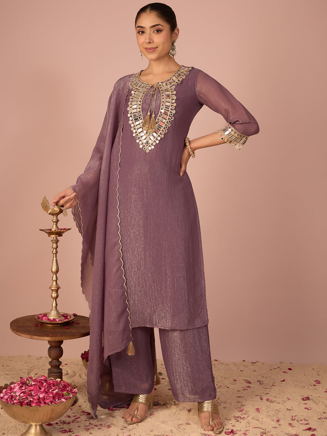 Janasya Women's Lavender Georgette Mirror Embroidered Straight Kurta Set