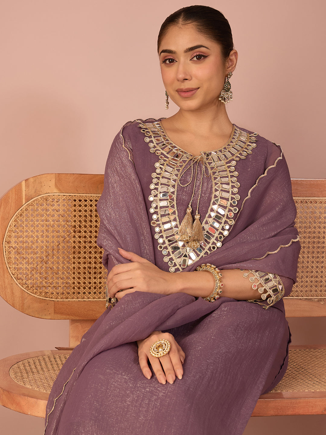 Janasya Women's Lavender Georgette Mirror Embroidered Straight Kurta Set