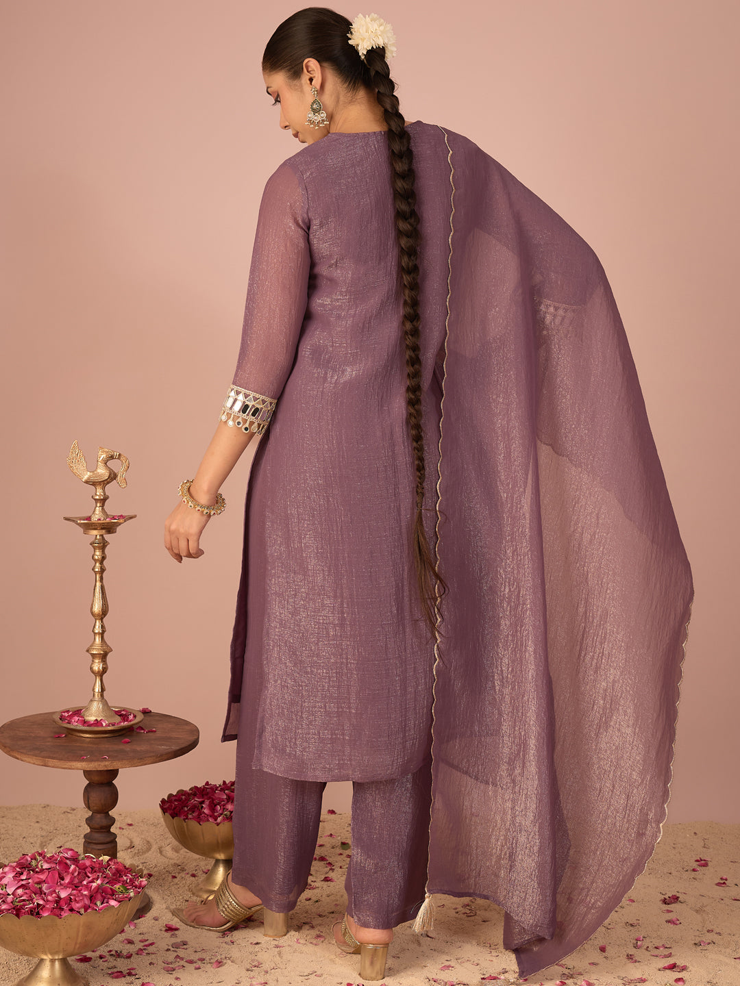 Janasya Women's Lavender Georgette Mirror Embroidered Straight Kurta Set